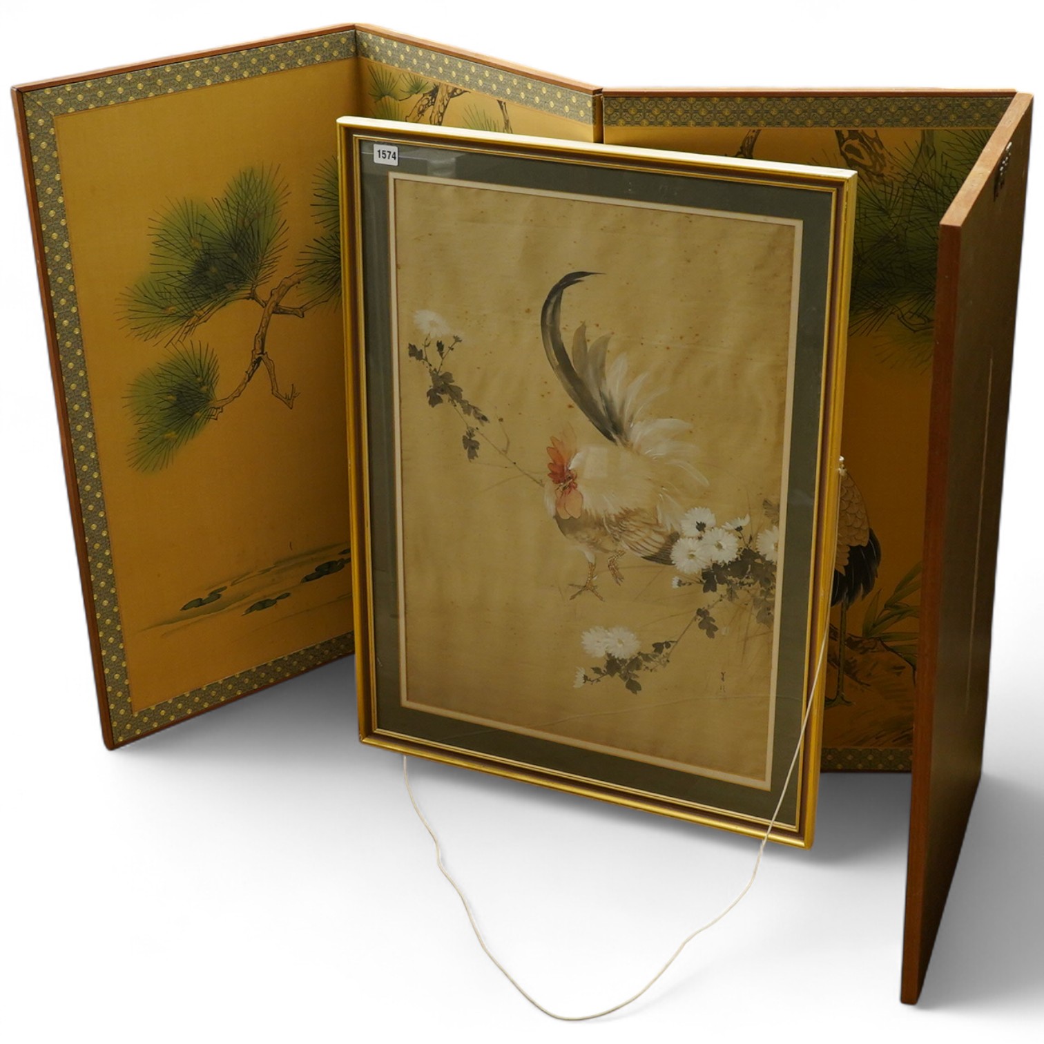 A Chinese silk painting, bird amongst flowers and a four fold screen, largest 89cm high